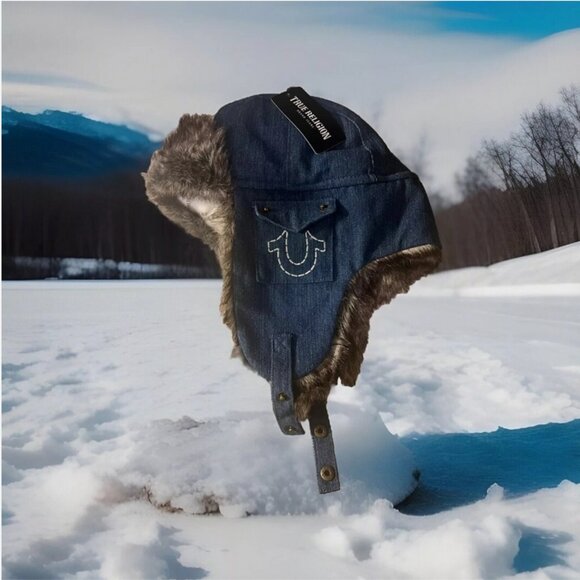 TRUE RELIGION Winter Trapper Hat One Size Blue Jean Denim Gray Faux Fur - Picture 1 of 6